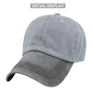 Détail de la casquette de baseball vintage en coton délavé avec coutures bicolores et visière