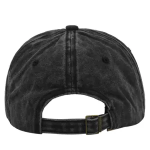 Detail view of the vintage washed cotton baseball cap with adjustable brass metal buckle