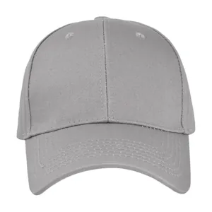 Detailed close-up of grey cotton twill 6-panel baseball cap showing texture and stitching