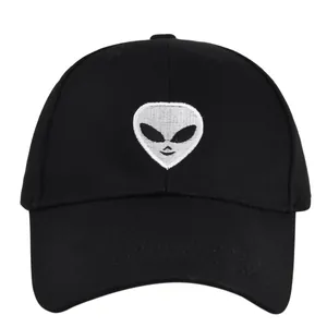 Black mesh baseball cap featuring a white embroidered alien UFO icon on a white background
