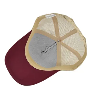 Detail view of cotton inner band, red brim and breathable mesh of the deer truck cap