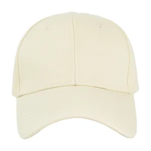 Close-up of cream cotton baseball cap showing 6-panel construction and eyelets detail