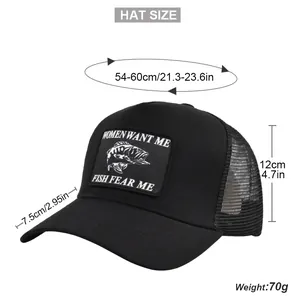 Detailed size chart for black fishing trucker hat with breathable mesh and logo