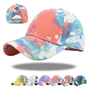 Women Casual Tie Dye Baseball Cap Cotton Criss Cross High Ponytail Hole Hat Adjustable Outdoor Sun Protection Sport Hat