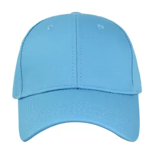 Front view of a light blue six-panel cotton baseball cap with a curved brim on white background
