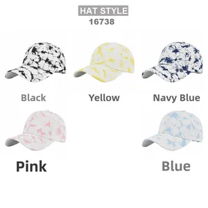 Collection of colorful tie-dye baseball caps in black, yellow, navy, pink, and sky blue
