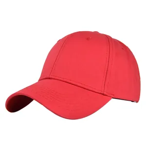 Detail view of a red six-panel cotton canvas baseball cap with reinforced stitched brim