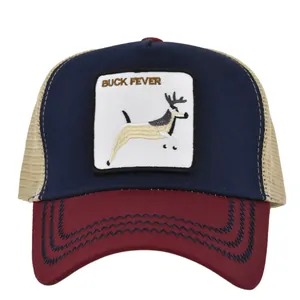 Navy and burgundy trucker hat with mesh back and buck deer embroidery patch