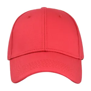 Detailed close-up of a plain red cotton baseball cap showing stitching and fabric texture