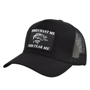 Detail view of black trucker hat featuring mesh back and embroidered fishing patch