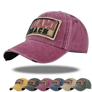 Vintage Distressed Honkbalpet Miami Beach Appliqué Borduurwerk Gewassen Katoen Verstelbare Zonneklep Voor Heren Dames