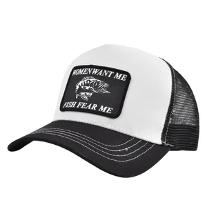 Detail of black and white trucker hat with Fish Fear Me patch and mesh back