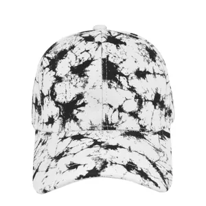 Minimalist tie-dye baseball cap with black and white ink splash pattern in a clean front view