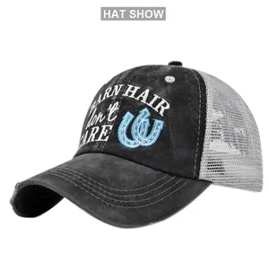 Détail de casquette queue de cheval vintage avec broderie de qualité et filet arrière