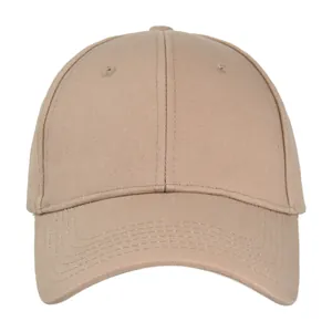 Detail of khaki cotton twill baseball cap showing six-panel structure and embroidered eyelets