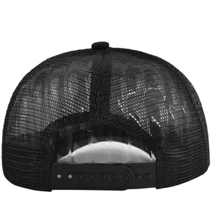 Rear view of black mesh truck cap featuring breathable fabric and plastic snapback closure