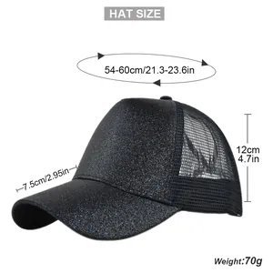 Gedetailleerde afmetingen van de zwarte glitter mesh honkbalpet met maattabellen en maten
