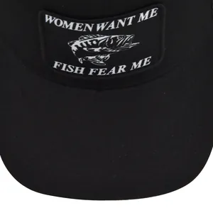 Close-up of a fishing trucker hat patch with Women Want Me Fish Fear Me text