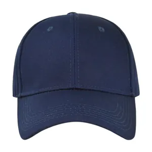 Detail view of a navy blue baseball cap showing twill cotton texture and stitched brim