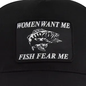 Black fishing trucker hat featuring Women Want Me Fish Fear Me patch with fish graphic