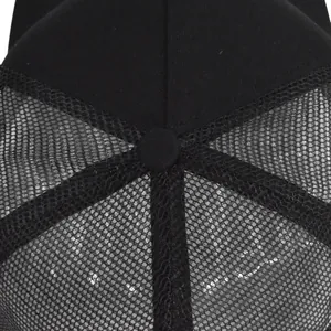Close-up of breathable black mesh back and top button detail of the trucker baseball cap