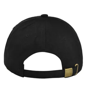 Back view of a black vintage washed baseball cap with adjustable metal buckle closure