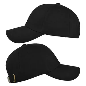 Detail view showing black cotton baseball cap profile and metal adjustment buckle