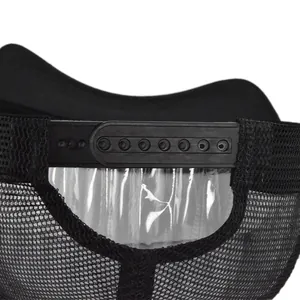 Detail of black mesh trucker hat with adjustable snapback closure and breathable fabric