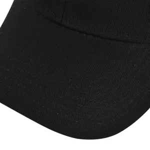Macro detail of high-quality black cotton twill brim and stitching on baseball cap