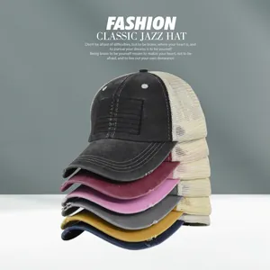 Multiple colors of distressed American flag baseball caps with breathable mesh and ponytail hole