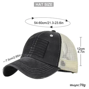 Size chart showing head circumference and dimensions of the American flag mesh baseball cap