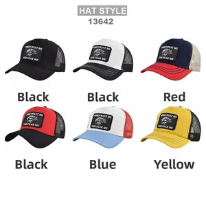 Detail view of trucker hats with FISH FEAR ME patches in multiple color options