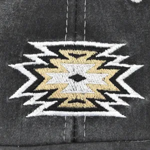 Dark grey ponytail baseball cap featuring ethnic geometric embroidery on mesh cotton fabric