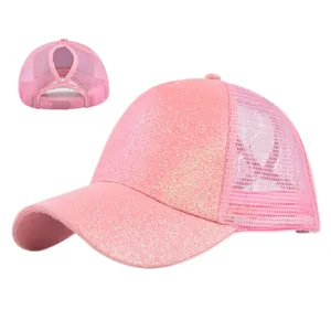Roze glitter paardenstaart mesh pet detail met hoge opening en verstelbare sluiting achter