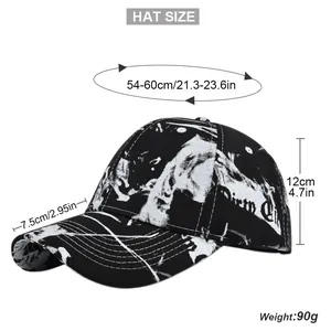Detail of tie-dye baseball cap showing marble pattern and dimensions in inches