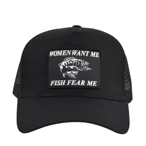 Black trucker hat with mesh back featuring Women Want Me Fish Fear Me slogan patch