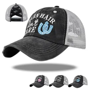 Casquette de Baseball Queue de Cheval en Maille de Coton Usé Femme Vintage Broderie Fer à Cheval Chapeau de Camionneur
