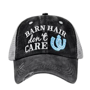 Casquette trucker queue-de-cheval vintage brodée Barn Hair Don't Care en noir délavé