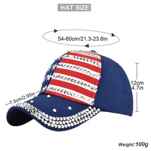 Maattabel van de Amerikaanse vlag baseballpet met glimmende strass-steentjes details