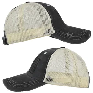 Dual side views of a distressed trucker hat with breathable mesh and vintage detailing