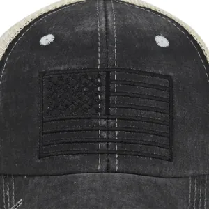 Distressed US flag embroidery mesh baseball cap with washed black cotton and beige mesh