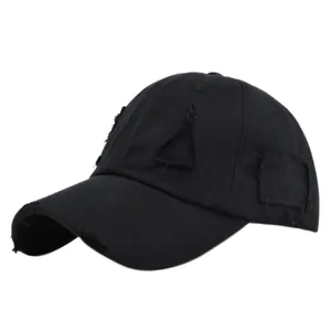 Vintage washed cotton baseball cap with distressed brim and ripped details in black