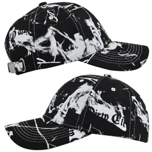 Detail view of tie-dye graffiti baseball cap featuring silver metal adjustable buckle strap