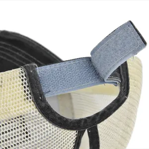 Detail showing breathable mesh fabric and hook-and-loop strap on back of the cap