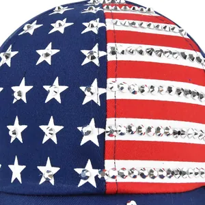 Amerikaanse vlag honkbalpet met strasstenen en sterpatronen op katoenen twill stof