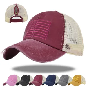 Women Distressed Washed Cotton Ponytail Baseball Cap US Flag Embroidery Breathable Mesh Trucker Hat Adjustable Sun Cap