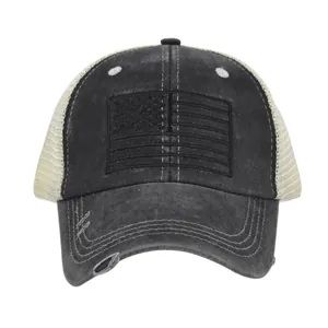 Distressed American flag trucker hat with washed grey cotton and breathable cream mesh