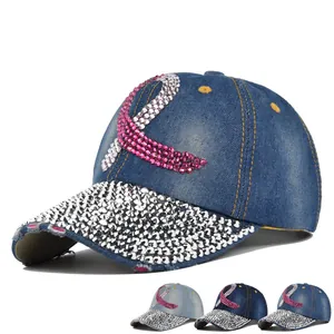 Rhinestone Ribbon Denim Baseball Cap Studded Brim Washed Cotton Adjustable Sun Hat For Women Fashion Accessory