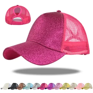 Dames Glitter Pailletten Paardenstaart Honkbalpet Mesh Verstelbaar High Bun Trucker Pet Ademend Zonneklep Mode Accessoire