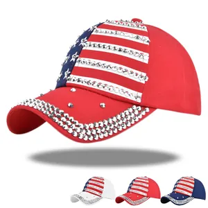 Glinsterende US Flag Strass Honkbalpet Verstelbare Katoen Sterren Strepen Patriottische Zonnehoed Voor Heren Vrouwen Sieraden Decor